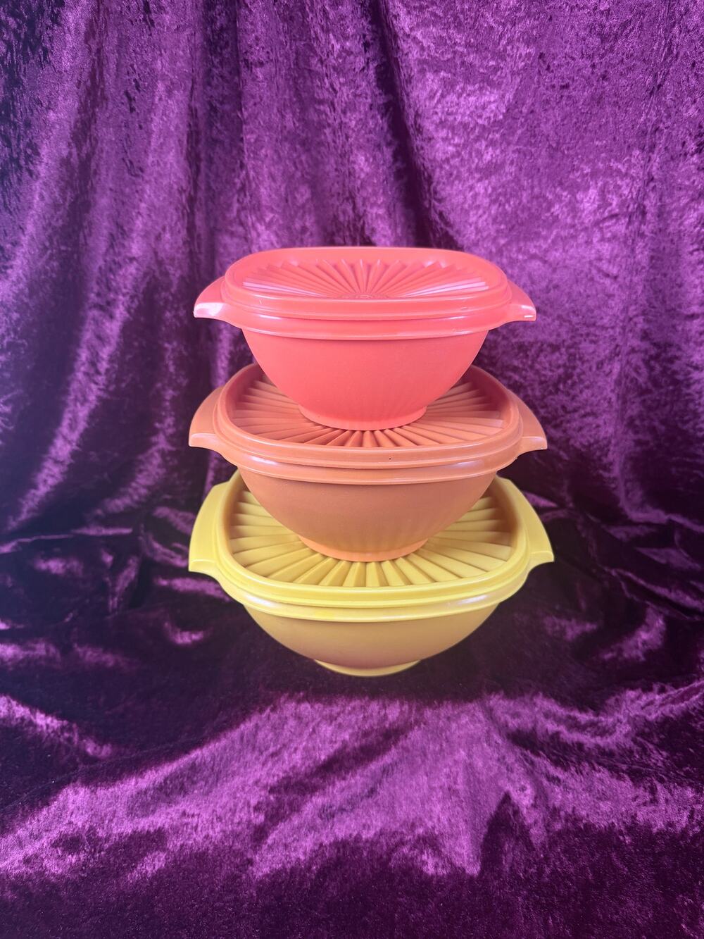 Vintage Tupperware Plastic Servalier Bowl Set – Harvest Colors Sunburst Lids